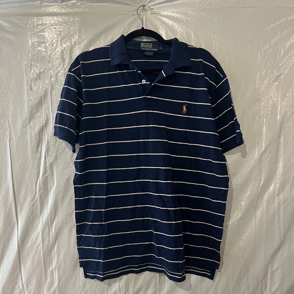 Polo Ralph Lauren Navy Blue Striped Polo Shirt Size Large